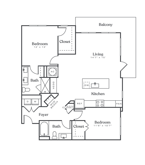 Floor plan for 2 beds, 2 baths, 1232 sqft